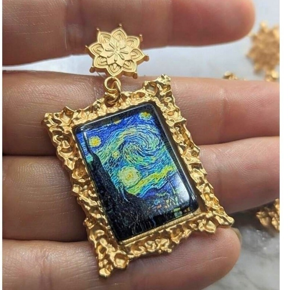 New Van Gogh Painting Framed Earrings Gold Starry Night Artwork Dangle Star - Picture 4 of 5